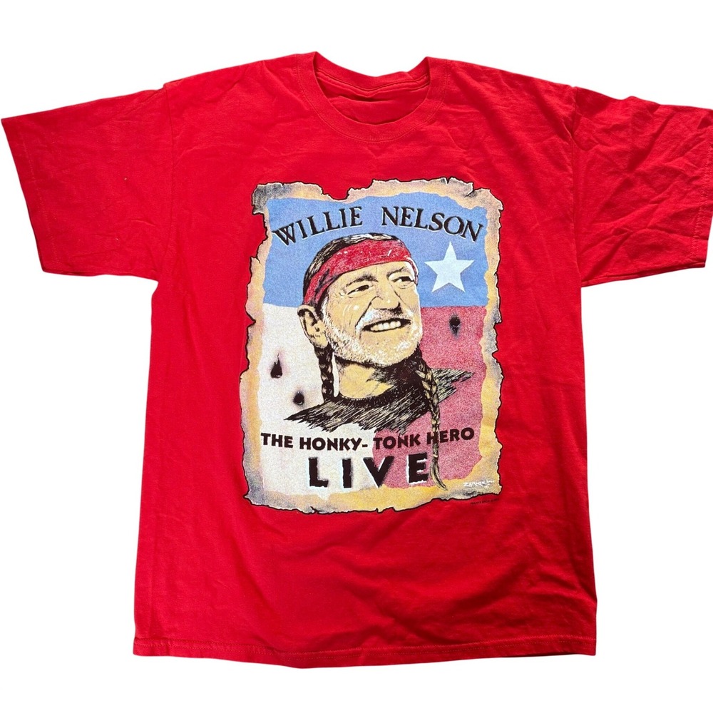 Willie Nelson Graphic Band T Shirt Red‎ Honky Tonk Hero Live Size L Music Merch